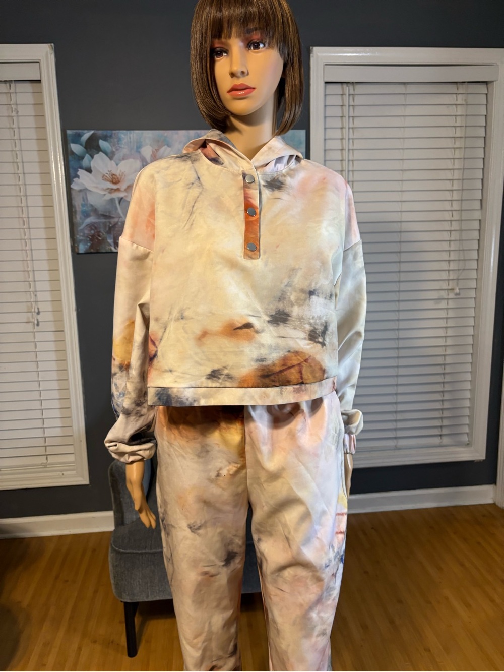 Zara Tie-Dye Hooded Jogger Set in Cream, Peach, Black